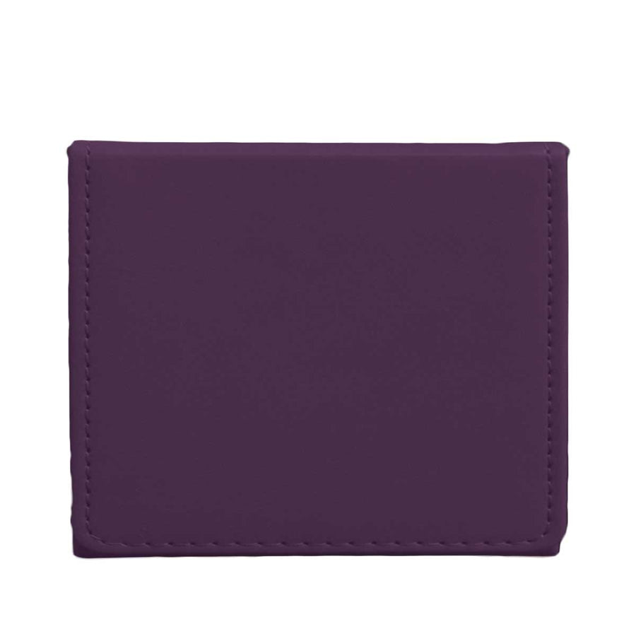 A dark purple wallet with stitched edges