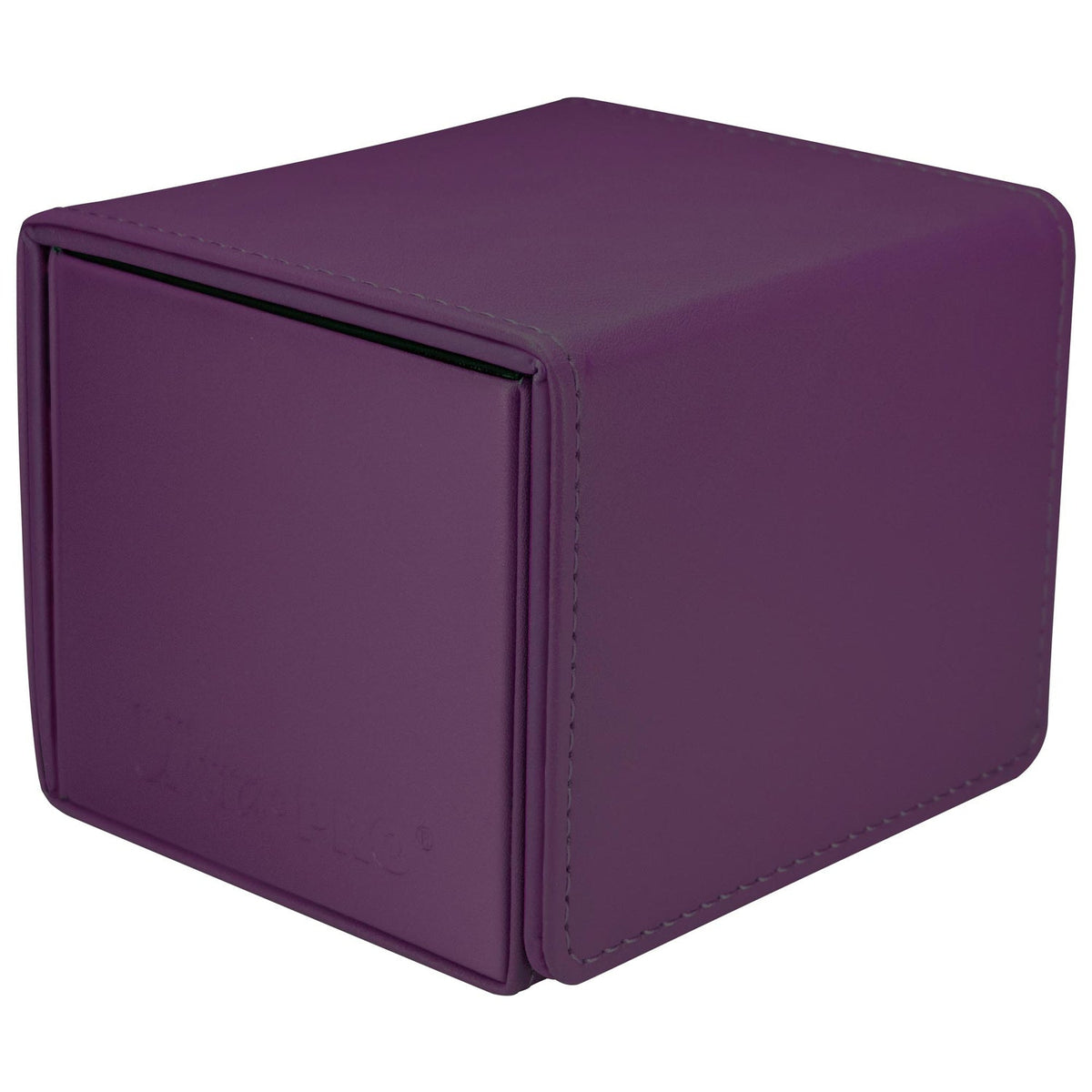 A purple leather-like cube-shaped deck box for storing gaming cards, with a front lid and stitched edges