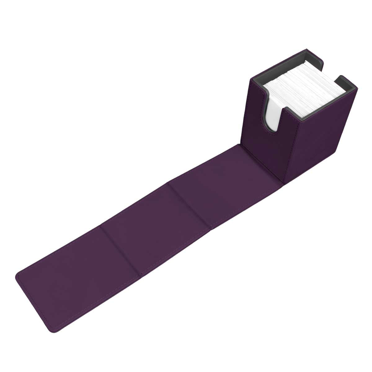 An open purple deck box with its long flap extended, holding white cards. White background