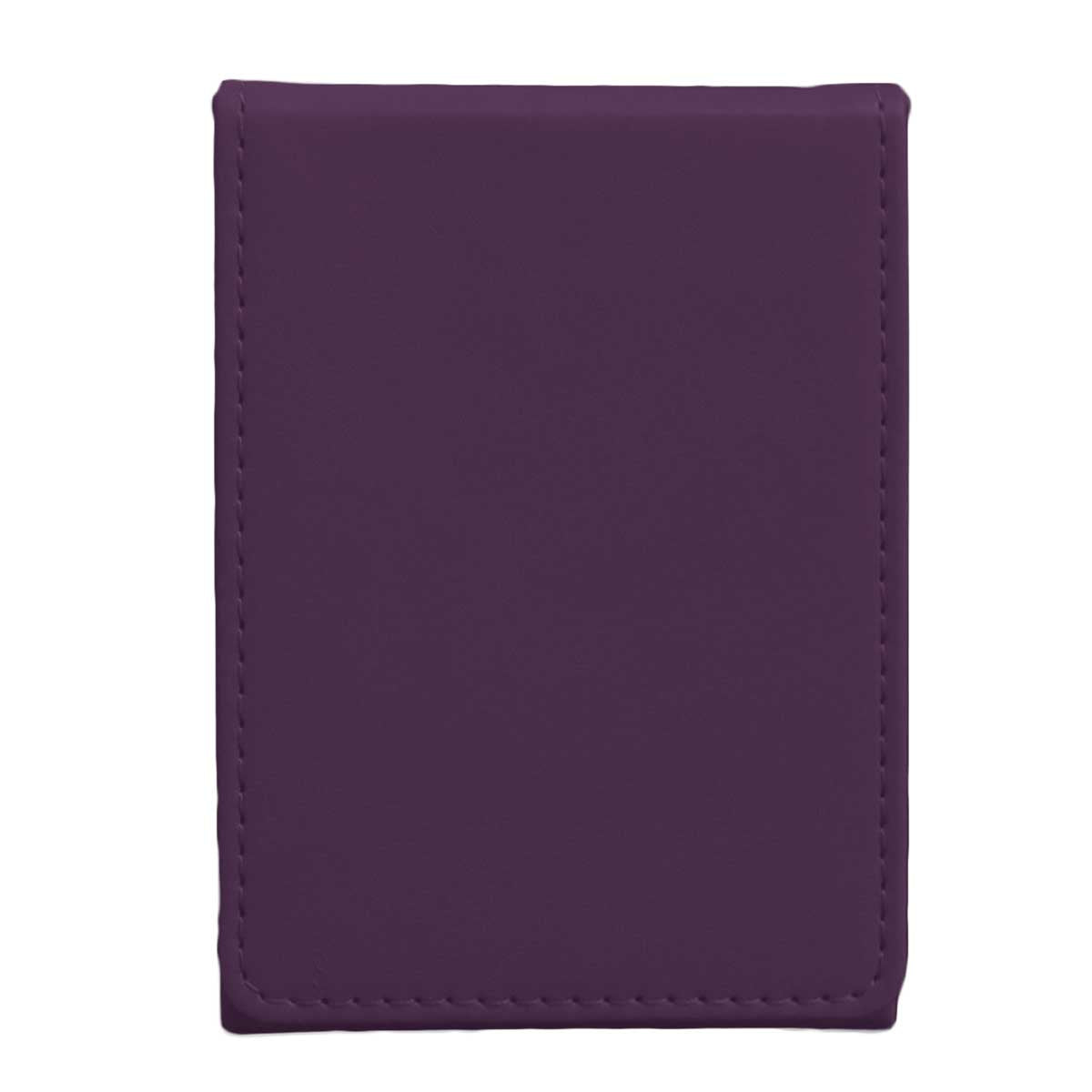 A dark purple leather wallet, closed and stitched, on a white background