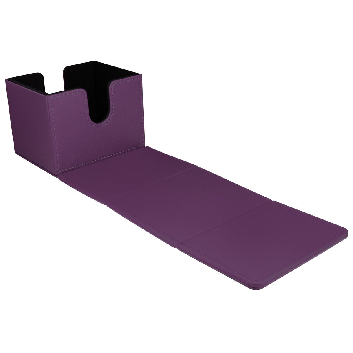 A purple deck box with black interior, unfolded into a long flat tray with a front cutout