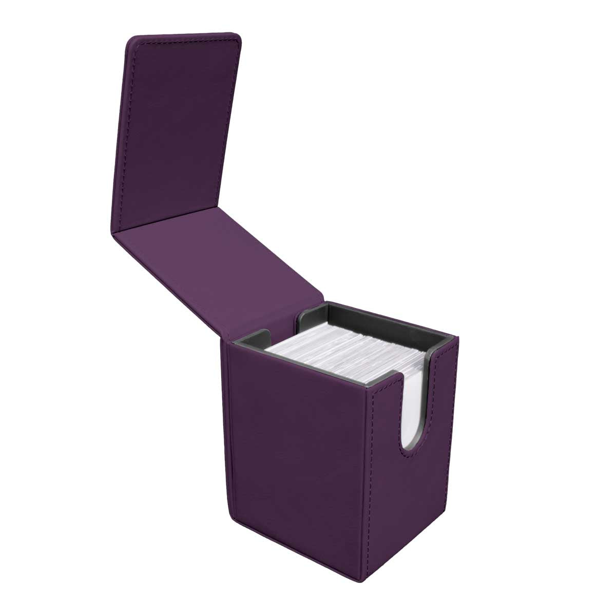 An opened purple deck box, filled with a stack of white cards. It features a thumb notch on the front