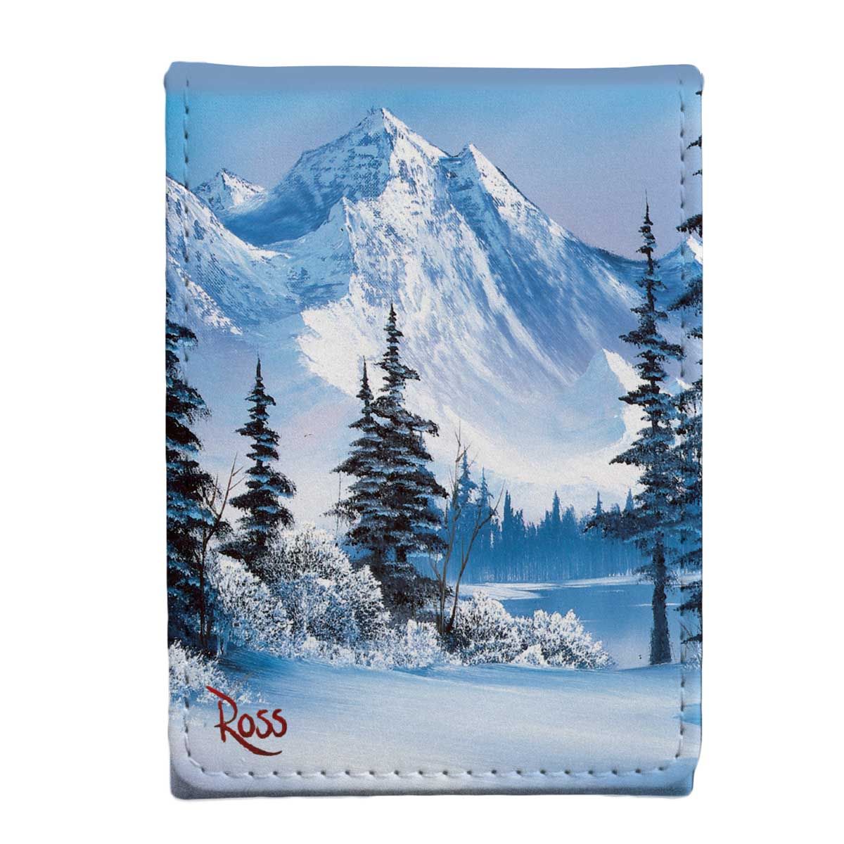 Bob Ross winter landscape painting on product; snow-capped mountains, evergreen trees, and a frozen lake