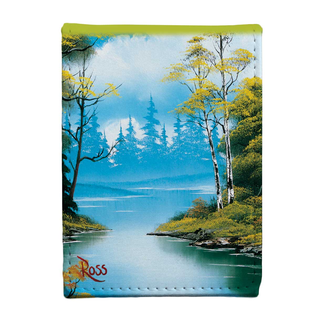Scenic painting of a misty lake with tall birch trees and pine forest background, signed "Ross"