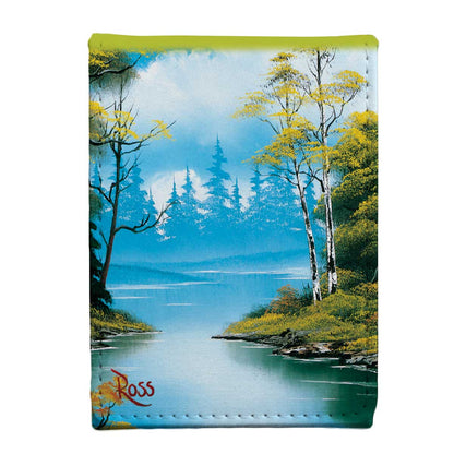 Scenic painting of a misty lake with tall birch trees and pine forest background, signed "Ross"