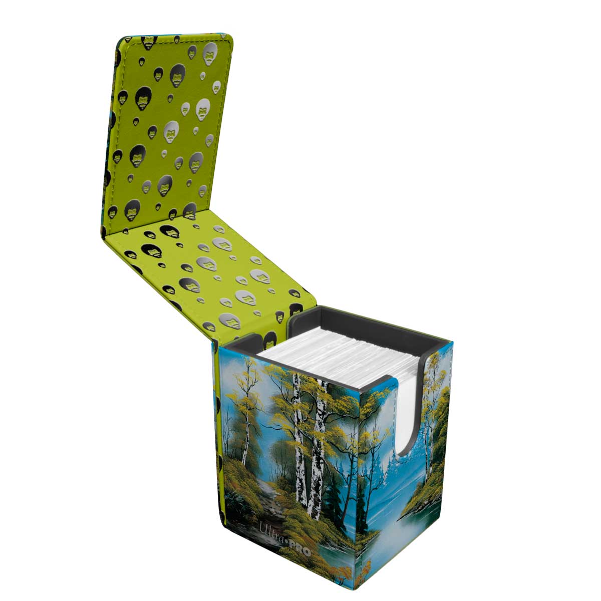 Open deck box featuring Bob Ross landscape art and face pattern lining, filled with trading cards