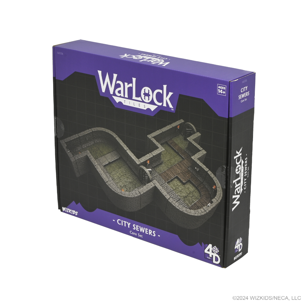 WarLock Tiles City Sewers Core Set box. Purple packaging shows assembled modular Grey sewer terrain
