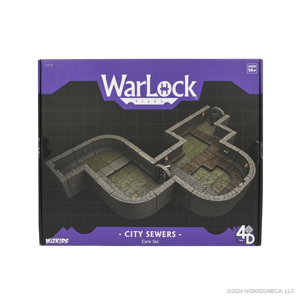 Front of the Warlock Tiles City Sewers Core Set box, showing an assembled modular sewer dungeon