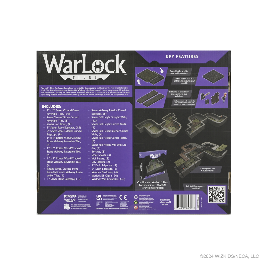 Back of Warlock Tiles: City Sewers box for tabletop gaming, displaying components, reversible tiles, and assembled sewer layouts