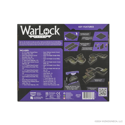 Back of Warlock Tiles: City Sewers box for tabletop gaming, displaying components, reversible tiles, and assembled sewer layouts