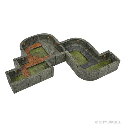 Modular dungeon terrain with Grey stone walls, green grassy areas, and winding paths of wood and stone