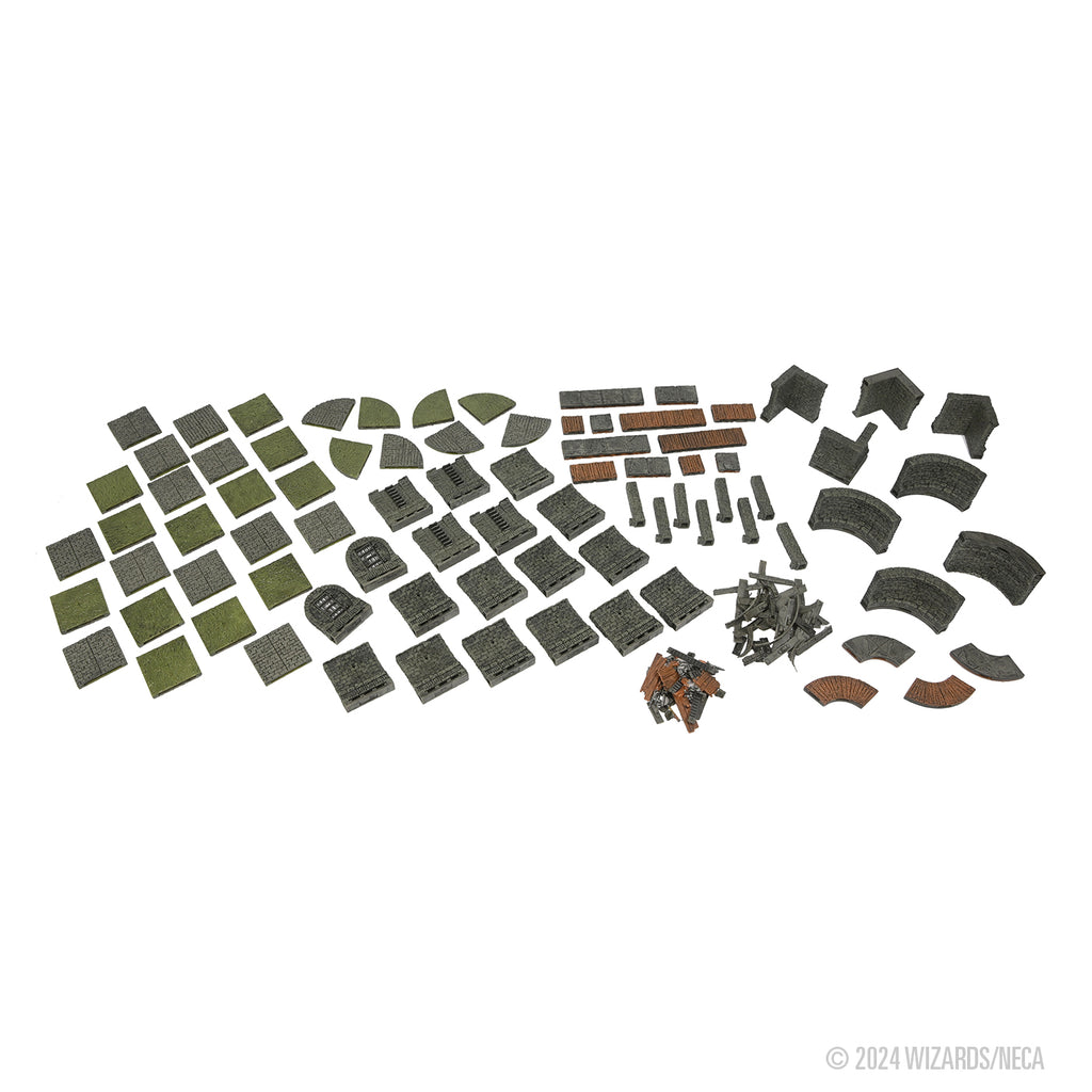 A large collection of modular miniature terrain pieces: Grey stone tiles, green grass, various walls, and rubble, on white