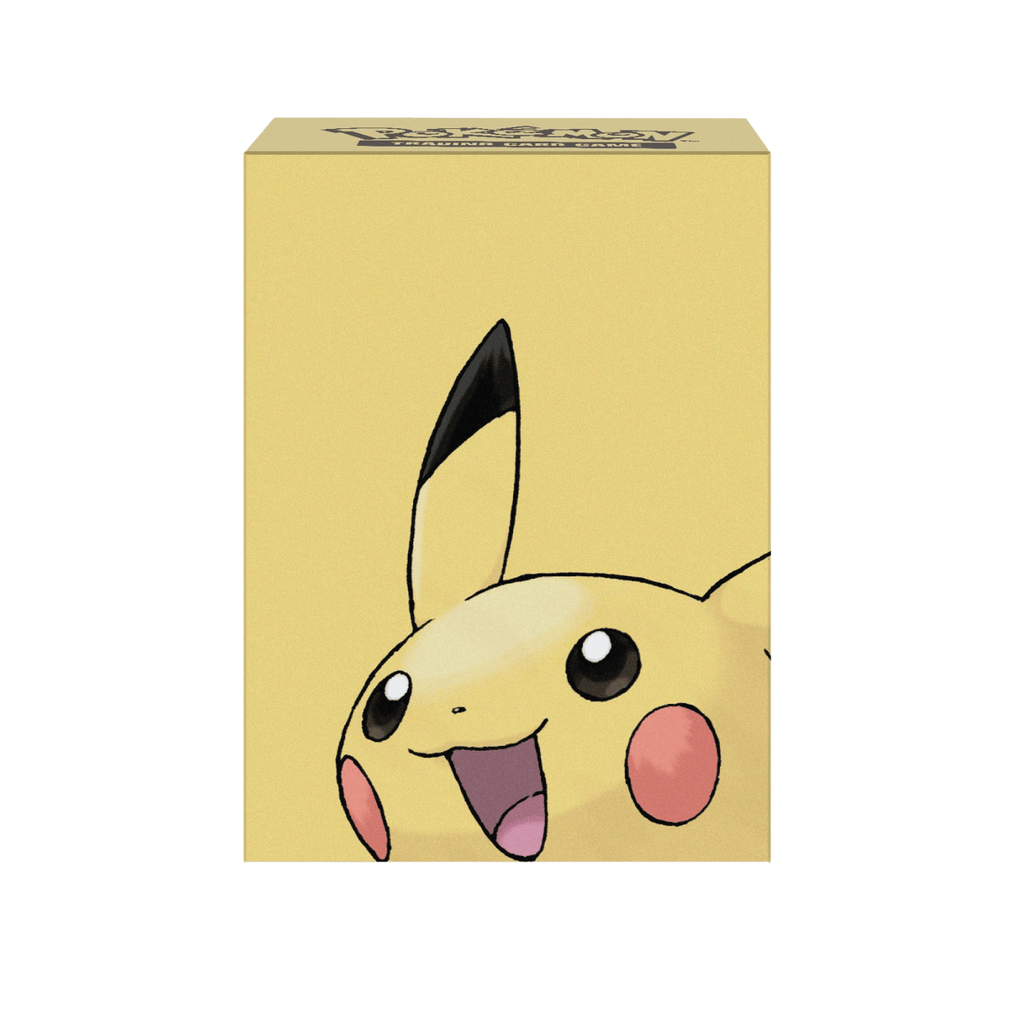 Yellow TCG deck box featuring a large, grinning Pikachu face peeking up