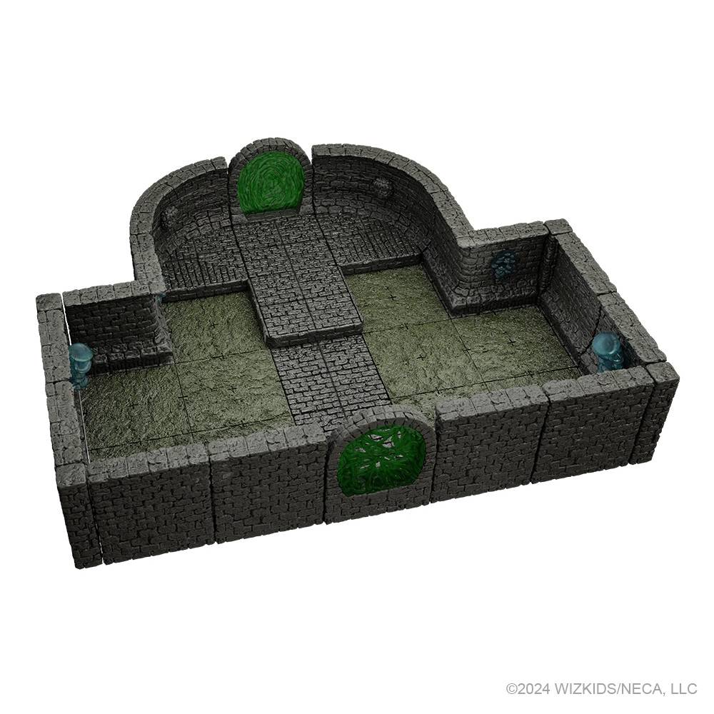 Modular dungeon terrain: grey stone walls, raised path, green floor, two glowing green arched portals, and blue corner lights