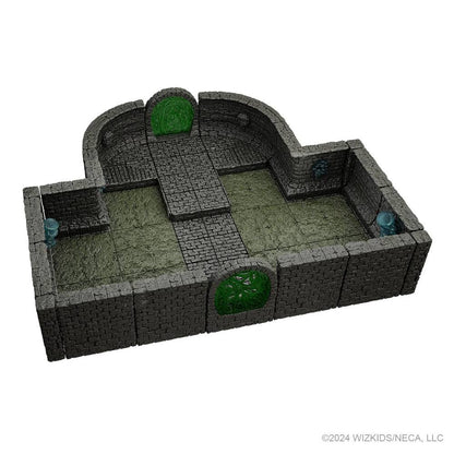 Modular dungeon terrain: grey stone walls, raised path, green floor, two glowing green arched portals, and blue corner lights