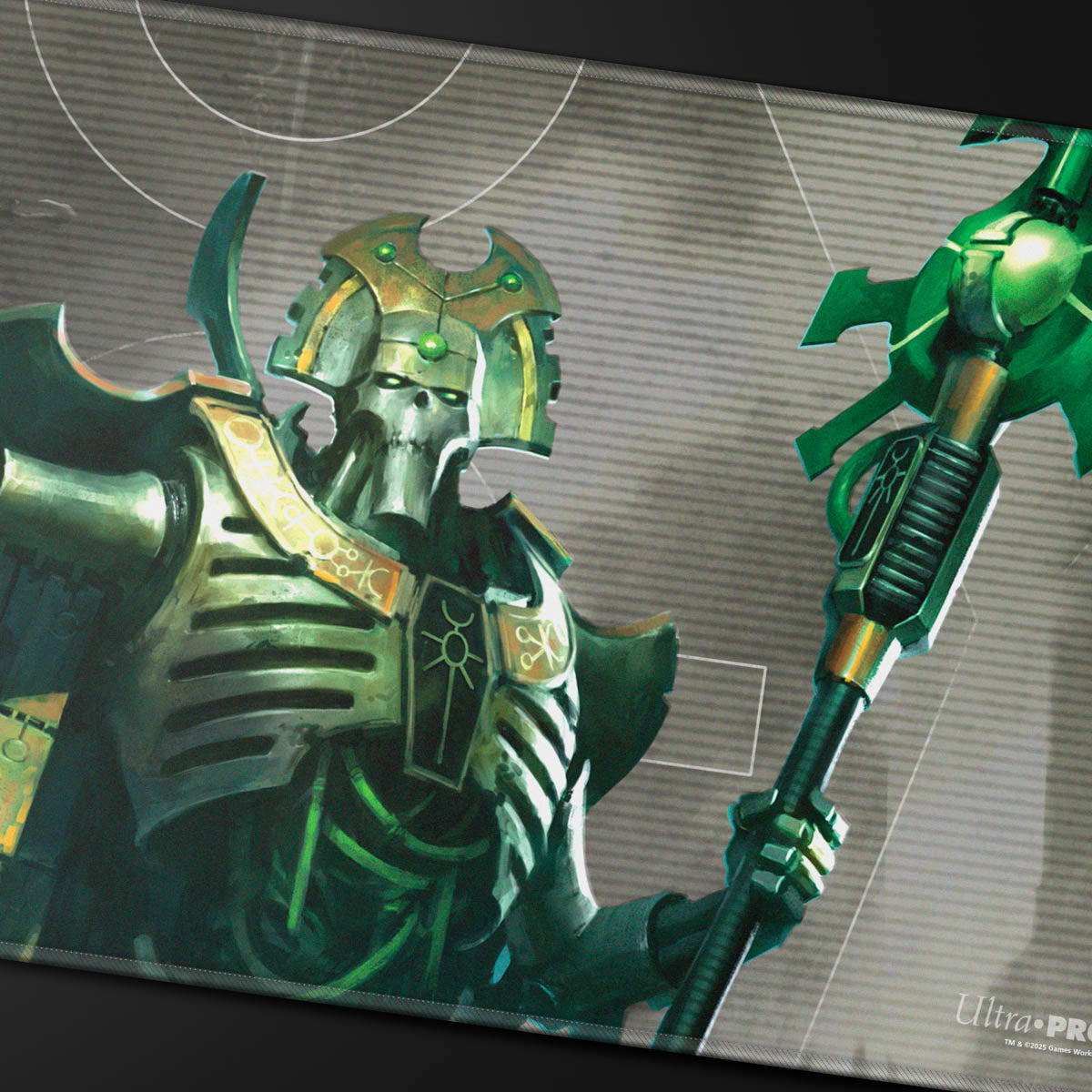 Warhammer 40K Necron Praetorian with green skull face and bronze armor, holding a staff, printed on a game playmat