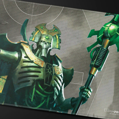 Warhammer 40K Necron Praetorian with green skull face and bronze armor, holding a staff, printed on a game playmat