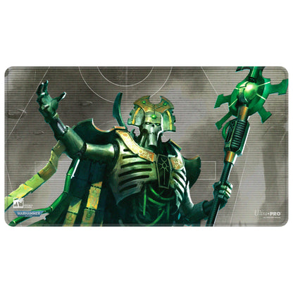 Warhammer 40K Necron Cryptek or Overlord art featuring the metallic green skeleton figure holding an ornate staff on a playmat
