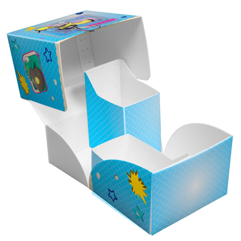 Tiered cardboard organizer in light blue with pop art graphics, shown partially unfolded