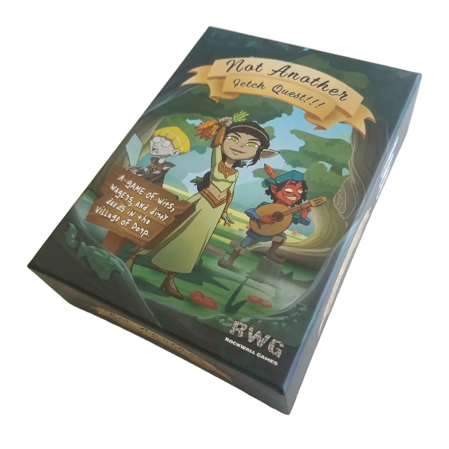 Packaging box of Not Another Fetch Quest game box colorful fantasy-themed art