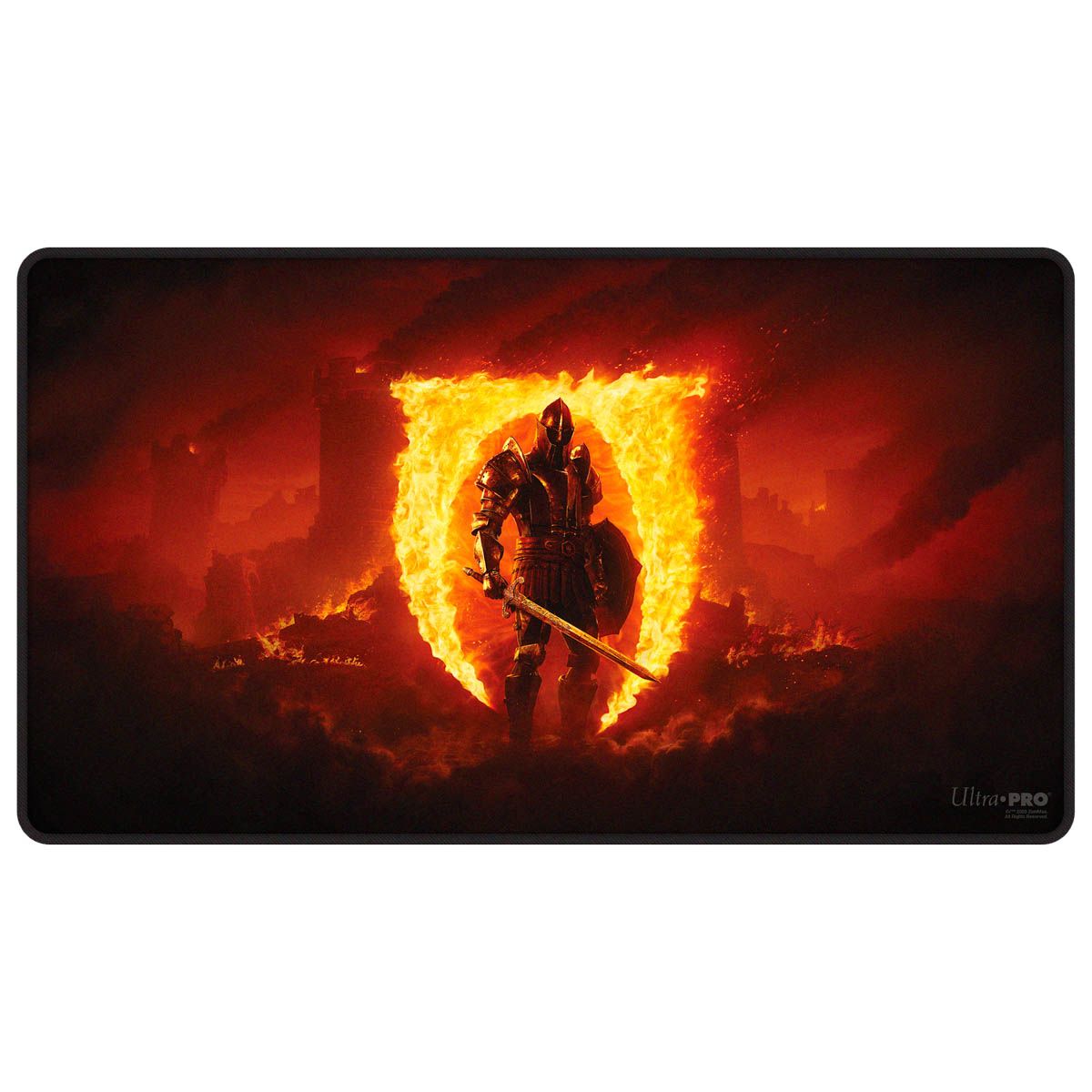 Dark fantasy playmat featuring an armored knight with a sword and shield standing inside a burning shield symbol