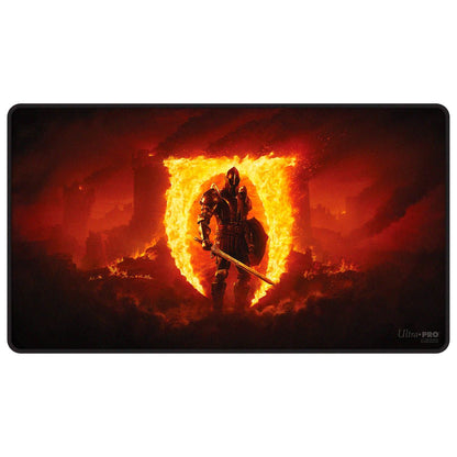 Dark fantasy playmat featuring an armored knight with a sword and shield standing inside a burning shield symbol