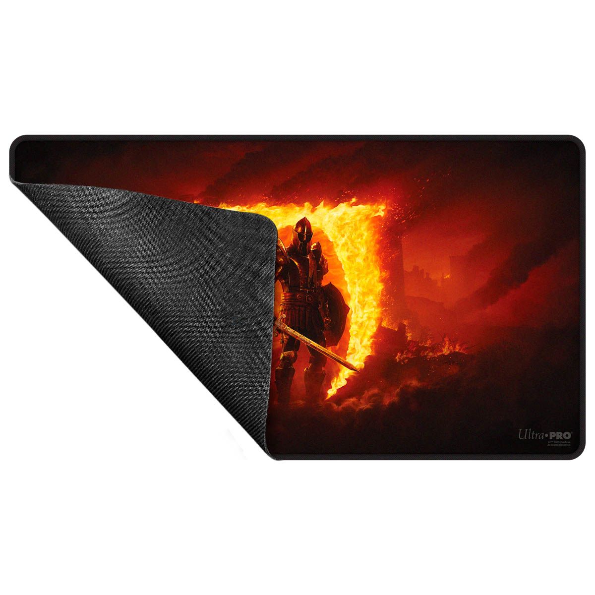 Dark fantasy playmat of an armored warrior holding a sword, framed by intense red and orange fire, black corner folded back showing texture
