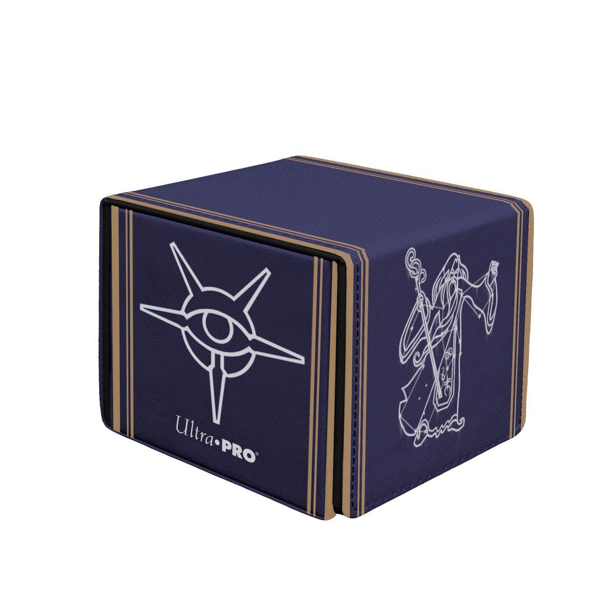 Ultra Pro navy deck box with white line art of a mystical eye symbol, a wizard, and gold pinstripes