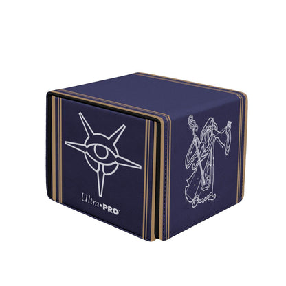 Ultra Pro navy deck box with white line art of a mystical eye symbol, a wizard, and gold pinstripes
