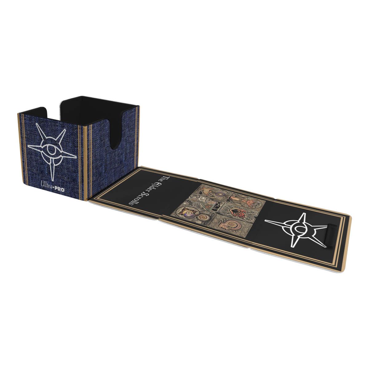 The Elder Scrolls blue denim Ultra PRO deck box with magnetic lid open, featuring Eye of Magnus symbol