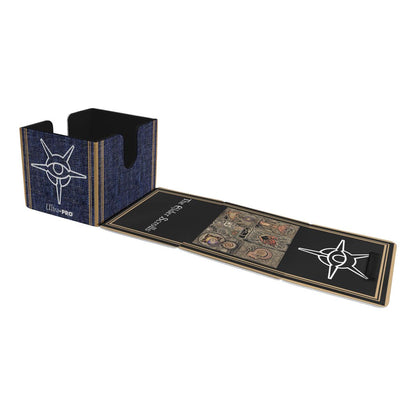 The Elder Scrolls blue denim Ultra PRO deck box with magnetic lid open, featuring Eye of Magnus symbol
