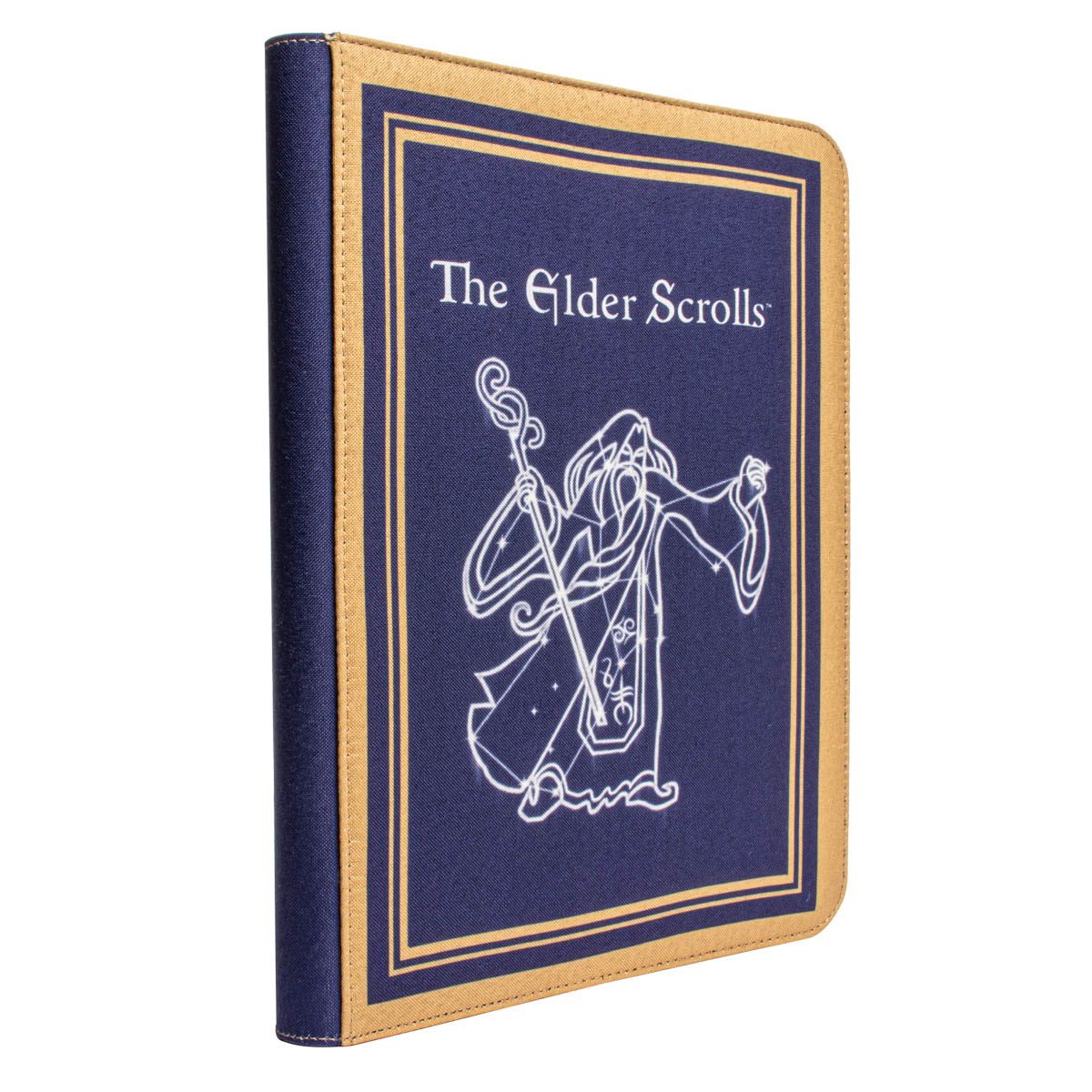 The Elder Scrolls blue and gold journal cover with white constellation image of a wizard holding a staff