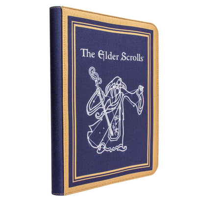 The Elder Scrolls blue and gold journal cover with white constellation image of a wizard holding a staff