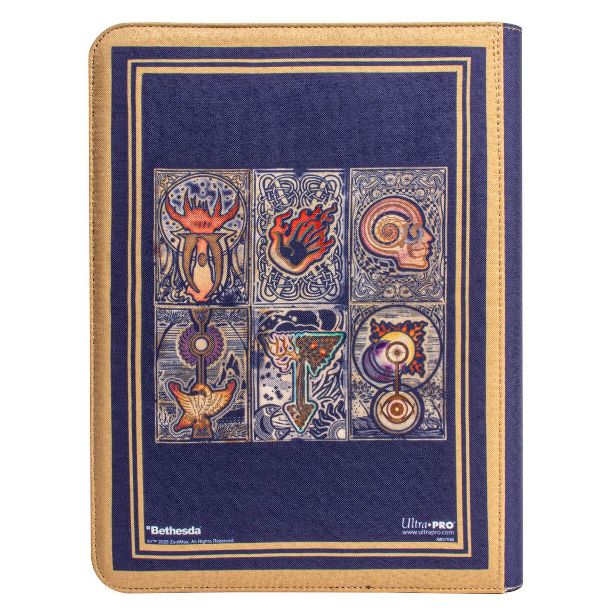 Navy Ultra Pro TCG binder featuring six mystical card illustrations, framed by tan and gold trim. Bethesda licensed product