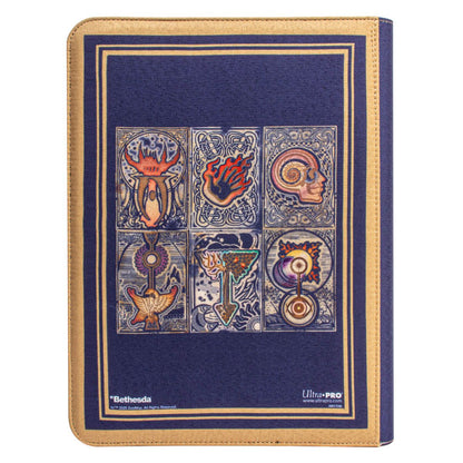 Navy Ultra Pro TCG binder featuring six mystical card illustrations, framed by tan and gold trim. Bethesda licensed product