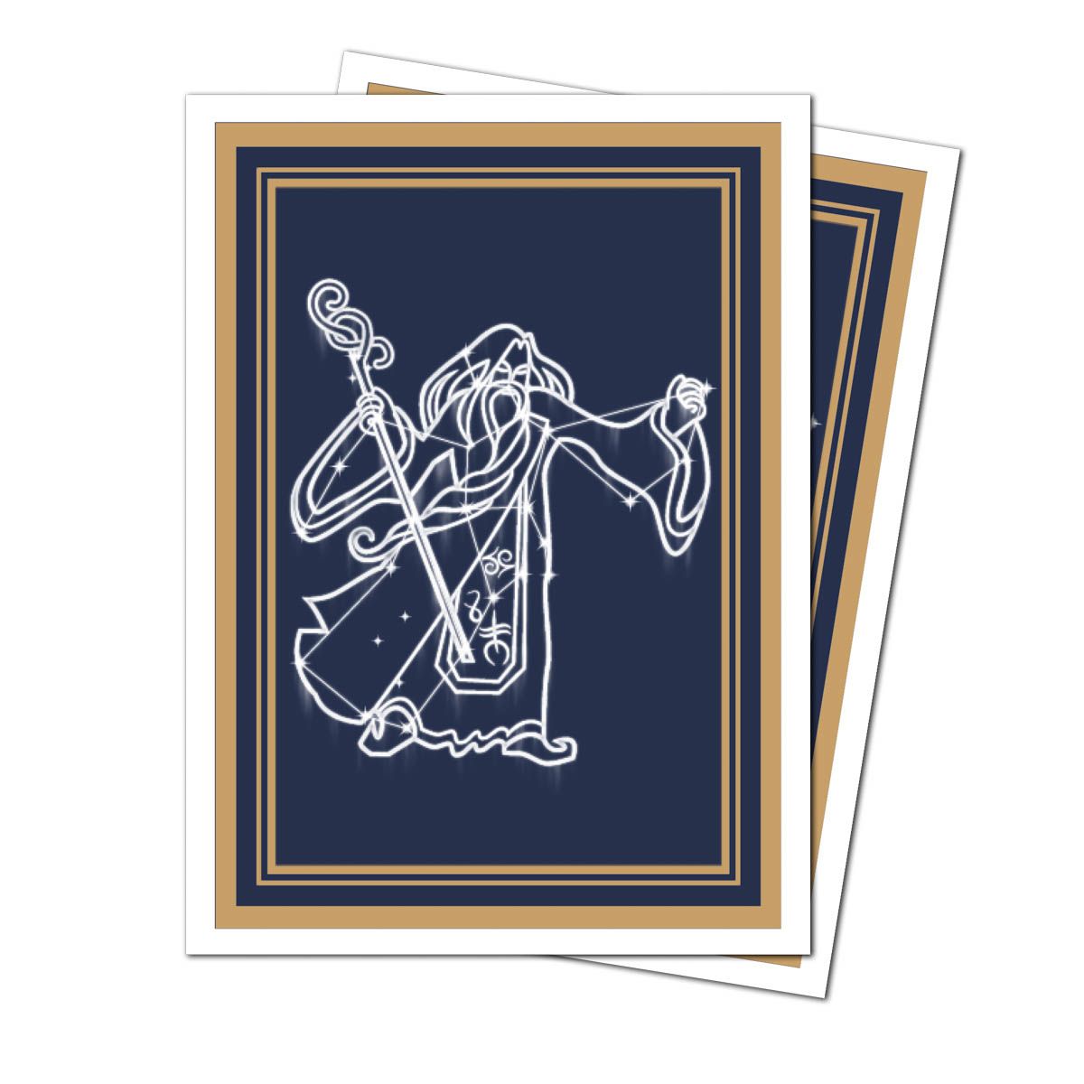 Mystic card with gold border and white constellation wizard holding a staff on a navy background