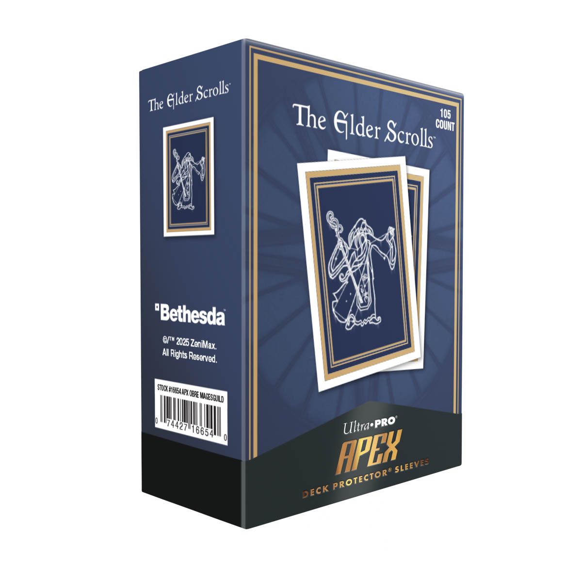 The Elder Scrolls Mages Guild 105ct Ultra Pro APEX Deck Sleeves, dark blue box with gold trim featuring a mage staff card design