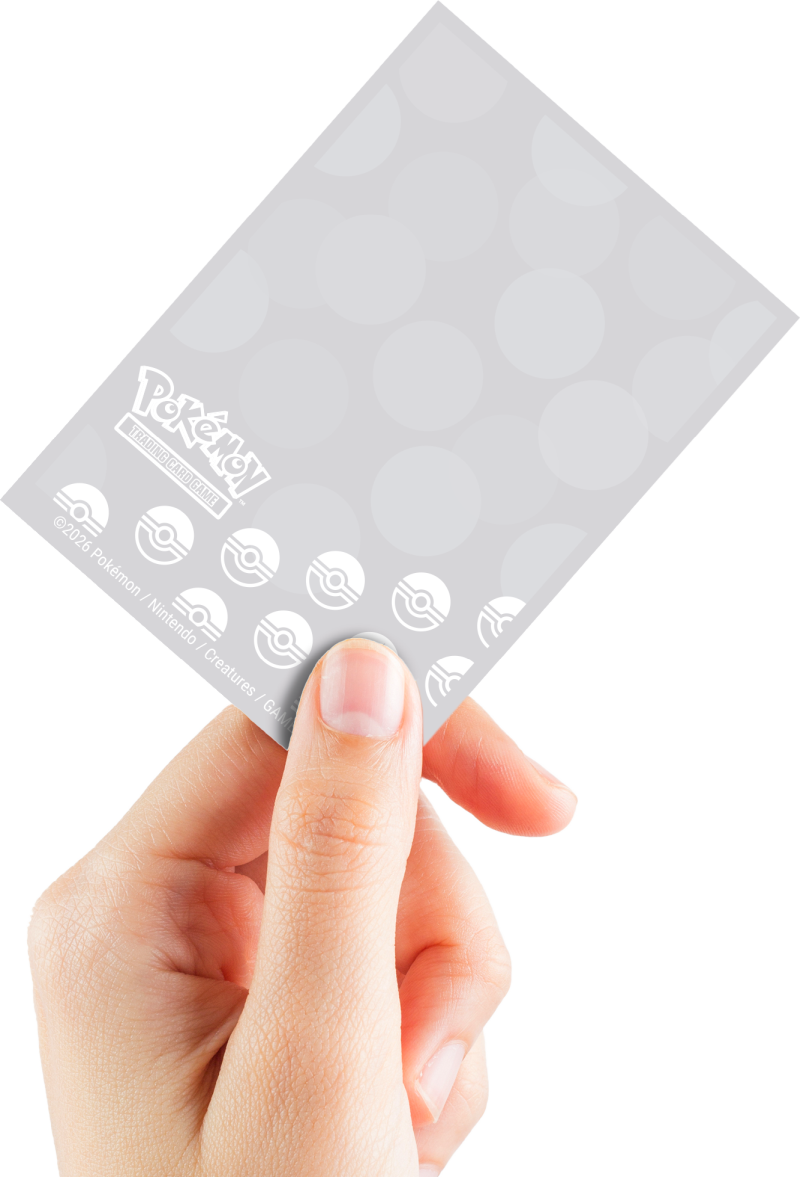 Pokémon TCG card sleeve held by a hand, showing the logo and Poké Ball icons