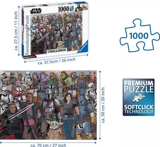 Box image of The Mandalorian Challenge puzzle, featuring key characters and scenes from the Star Wars series