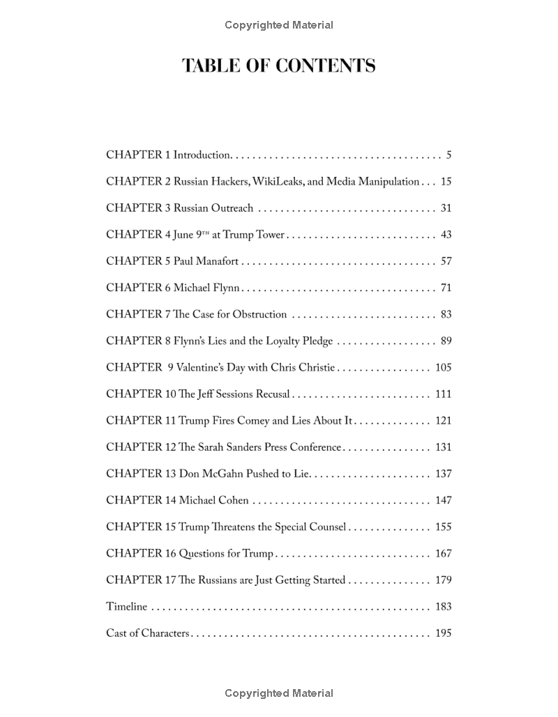 Table of Contents listing chapters on Russian hackers, Trump, Manafort, Flynn, Comey, and the Special Counsel
