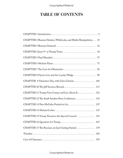 Table of Contents listing chapters on Russian hackers, Trump, Manafort, Flynn, Comey, and the Special Counsel