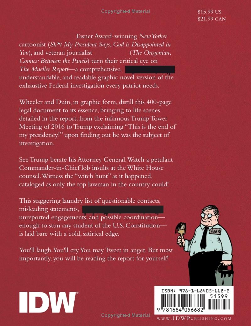 Cartoon of a man labeled 'BARR' holding a black paintbrush and paint bucket, symbolizing redaction of the Mueller Report