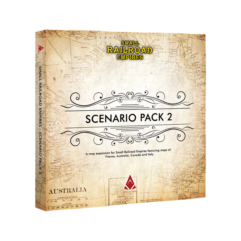 Angled view of Small Railroad Empires Scenario Pack 2 game box. Old map background. Map expansion for France, Australia, Canada, Italy
