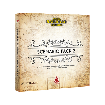 Angled view of Small Railroad Empires Scenario Pack 2 game box. Old map background. Map expansion for France, Australia, Canada, Italy