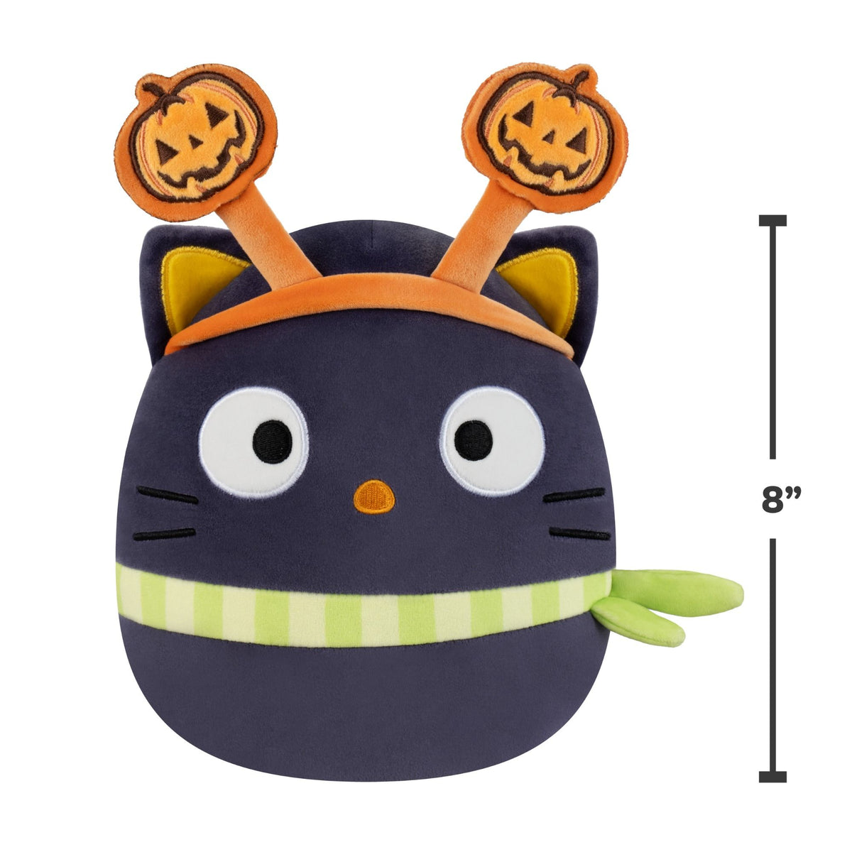 This 8-inch dark Halloween Squishmallow cat plush features jack-o&#39;-lantern antennae and a bright green striped scarf accessory