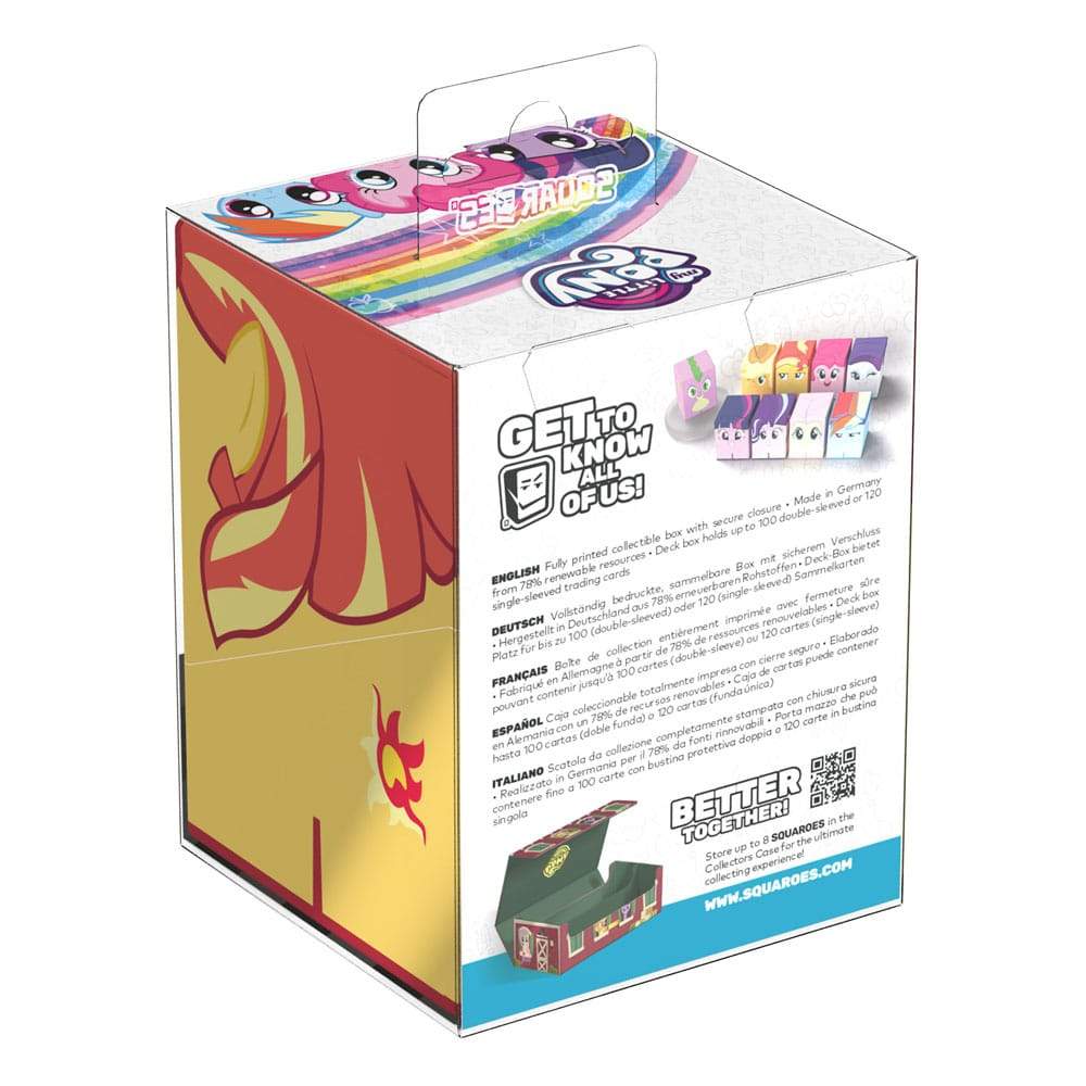 A retail box for My Little Pony Squaroes collectible card storage, with a rainbow top, flame graphic, and multilingual product descriptions