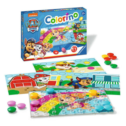 Paw Patrol Colorino matching game by Ravensburger, showing the box, clear pegboard, character templates, and colourful pegs/discs