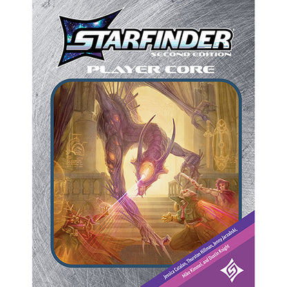 Starfinder Second Edition Player Core cover: Purple alien creature attacks adventurers in sci-fi fantasy temple setting