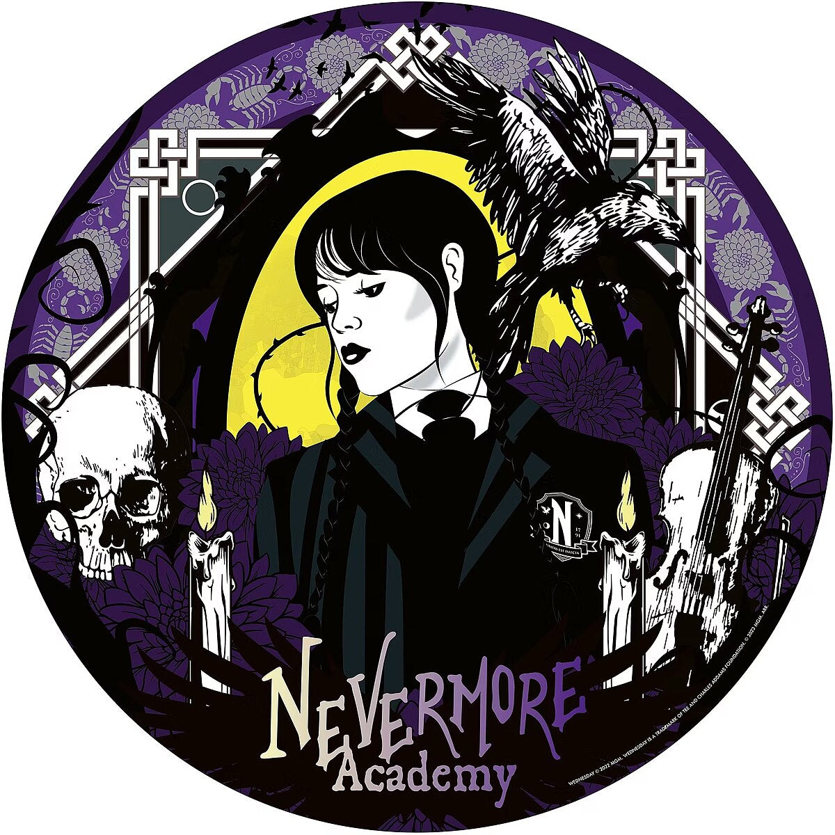 Wednesday Addams Nevermore Academy gothic art, featuring a raven, skull, broken violin, and candles in black, white, and purple