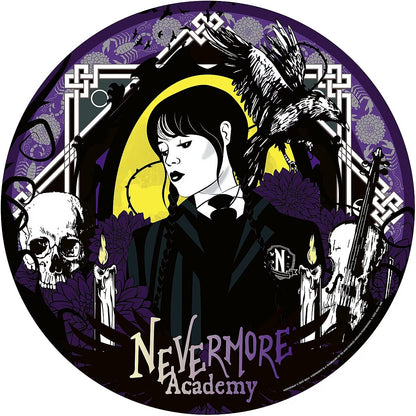 Wednesday Addams Nevermore Academy gothic art, featuring a raven, skull, broken violin, and candles in black, white, and purple